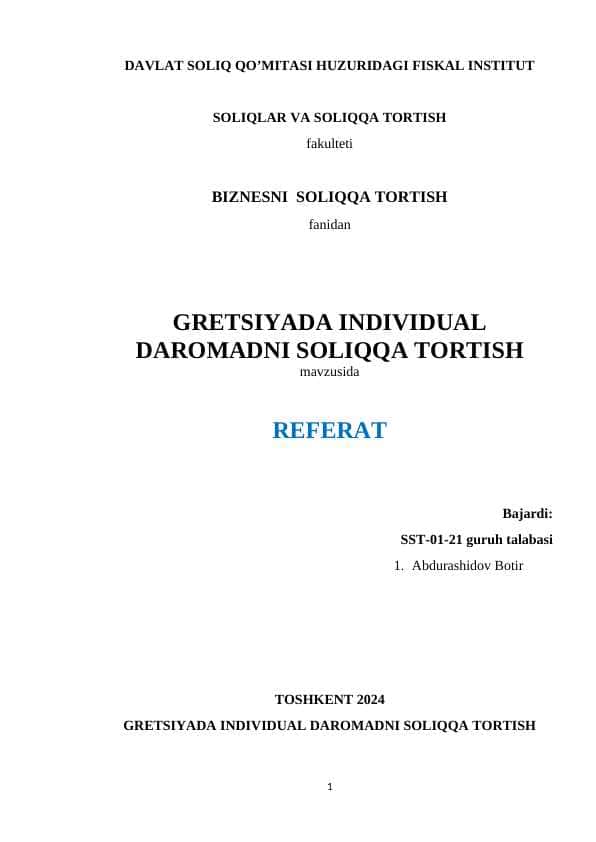GRETSIYADA INDIVIDUAL DAROMADNI SOLIQQA TORTISH REFERAT