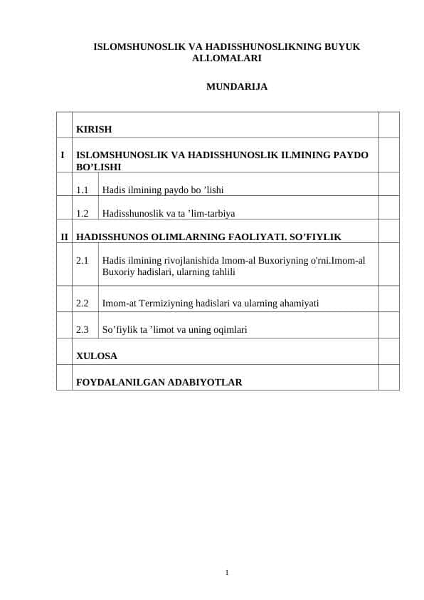 ISLOMSHUNOSLIK VA HADISSHUNOSLIKNING BUYUK ALLOMALARI