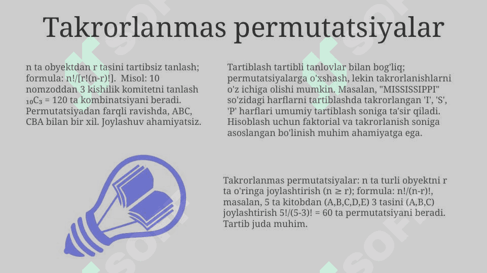 Takroriy o'rinlashtirishlar, guruhlashlar va o'rin almashtirishlar 6