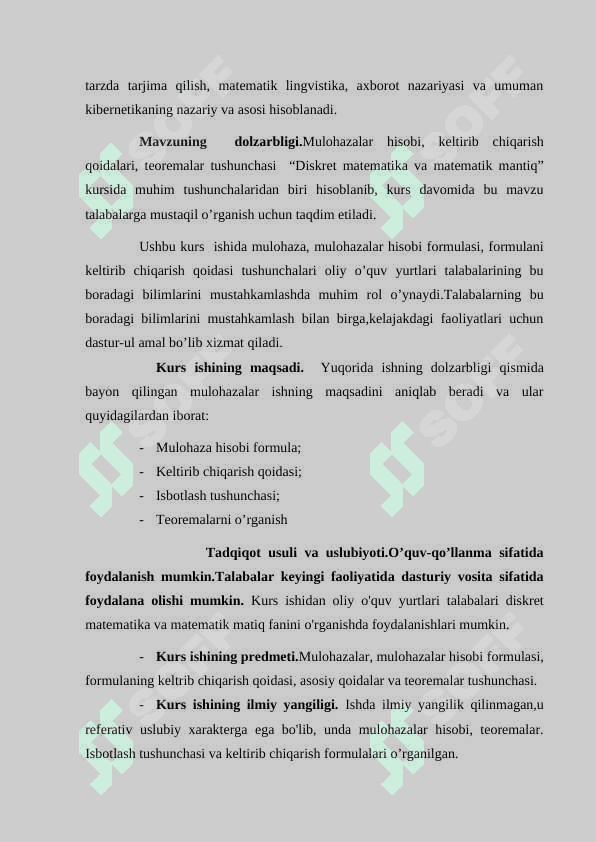 MULOHAZALAR ALGEBRASI VA MULOHAZALAR ORASIDAGI BOG’LANISH 3