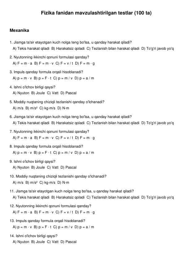 Fizika fanidan mavzulashtirilgan testlar 100 ta