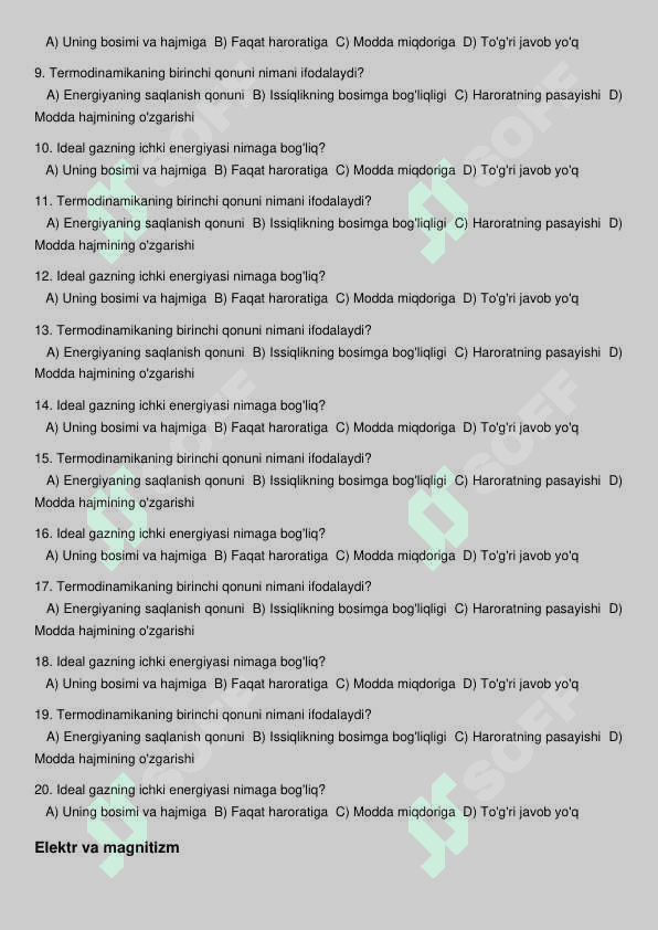 Fizika fanidan mavzulashtirilgan testlar 100 ta 3