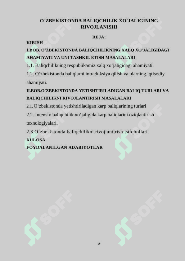“O`zbekistonda baliqchilik xo`jaligining rivojlanishi ” 2