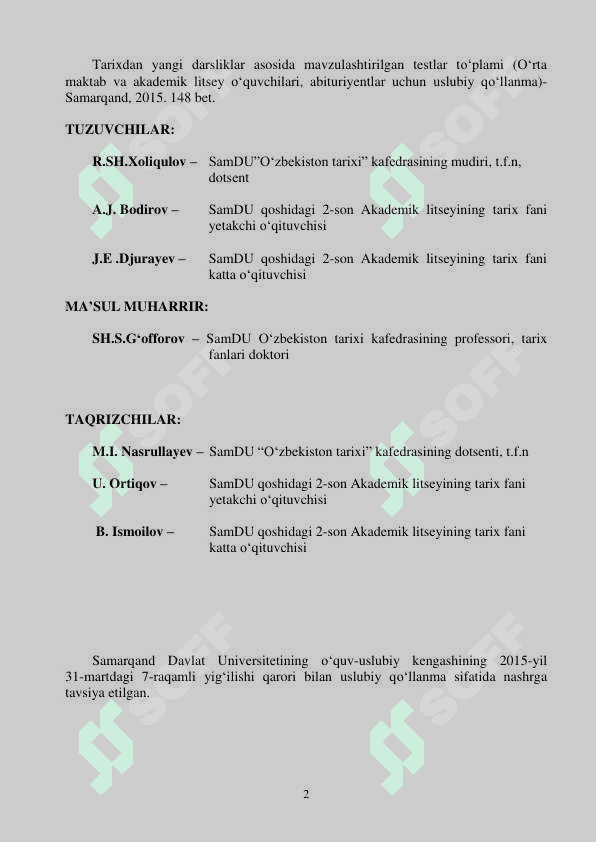 Tarixdan yangi mavzulashtirilgan testlar 2