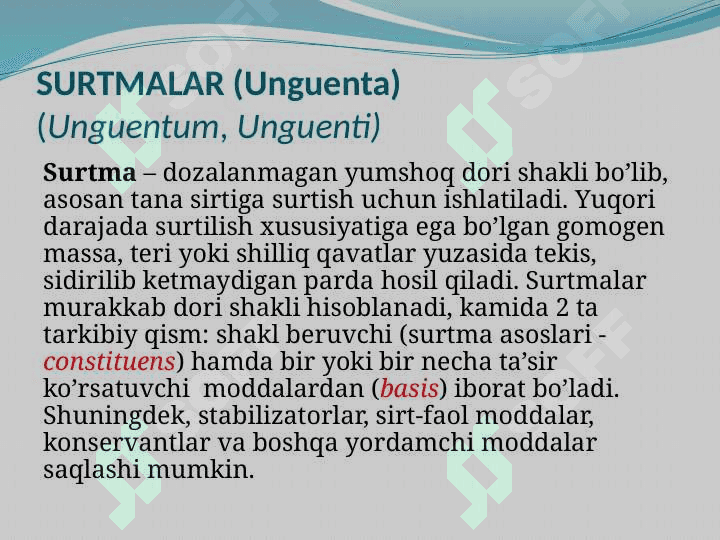 Yumshoq dori shakllari. Surtmalar. linementlar krem. shamcha. 2