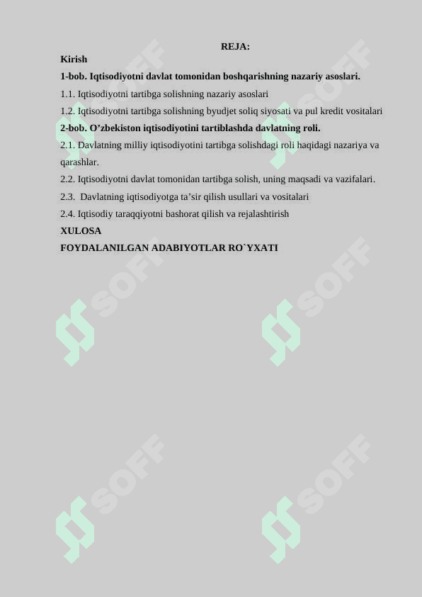 IQTISODIYOTNI DAVLAT TOMONIDAN TARTIBGA SOLISHNING MOHIYATI VA ZARURLIGI kurs ishi docx 3