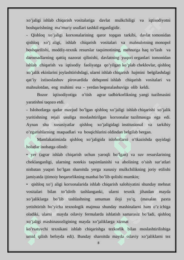 O‘zbekistonda agrar islohotlar va ularning yo‘nalishlari 8