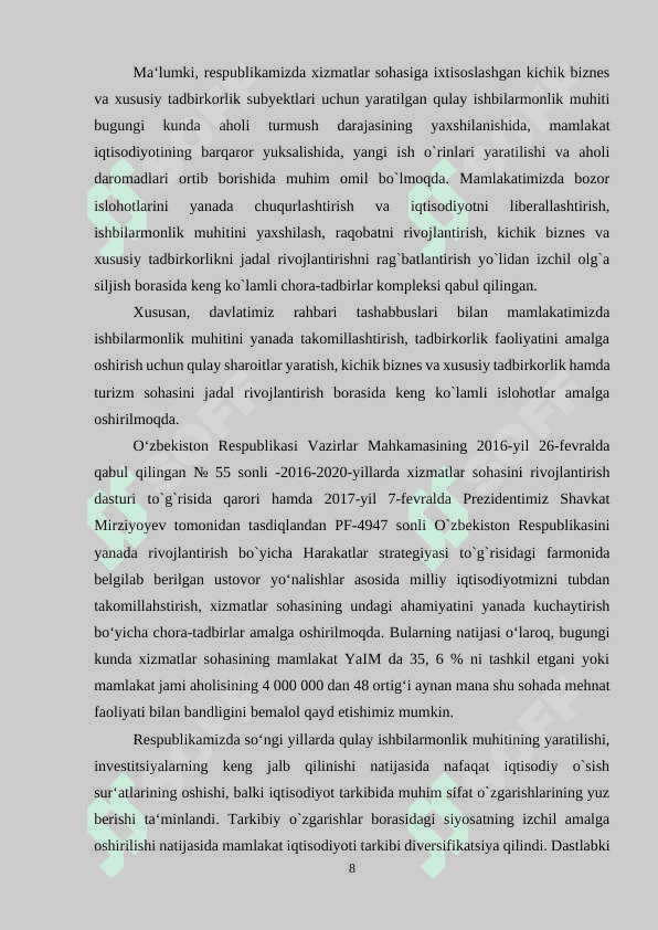 “O`zbekistonda xizmat ko`rsatish sohalari ” 8