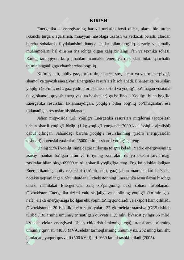 “Energetika va uning tabiiy xo`jalik tizimlariga ta`siri” 2