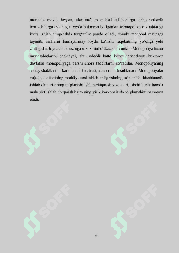 Monopoliyalar, ularning amal qilishi  va tartibga solish xususiyatlari 5