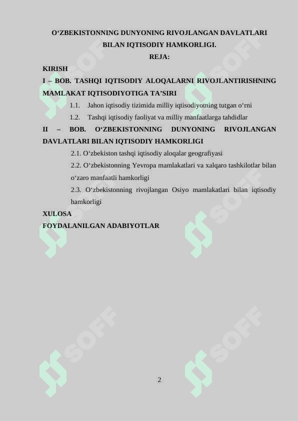 O‘ZBEKISTONNING DUNYONING RIVOJLANGAN DAVLATLARI BILAN IQTISODIY HAMKORLIGI 2