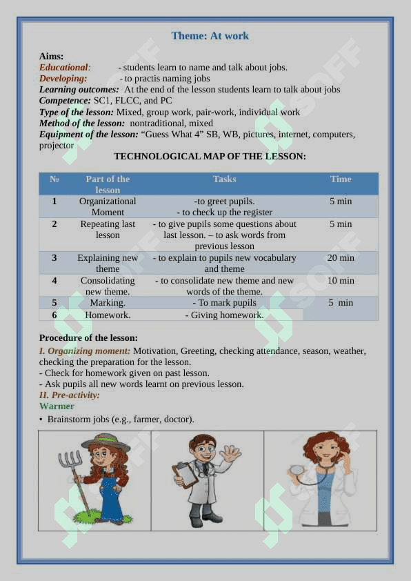 4-sinflar uchun Unit 3. Lesson 1 At work mavzusida 1 soatlik Dars ishlanmasi 2