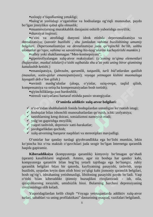 “VOYAGA YETMAGANLARDA ADDIKTIV XULQ-ATVOR TURLARI, SABABLARI VA UNING PROFILAKTIKASI” MAVZUSIDA 5-7-SINF OʻQUVCHILARI UCHUN OʻTKAZILADIGAN  KORREKSION MASHGʻULOTLAR ISHLANMASI 5