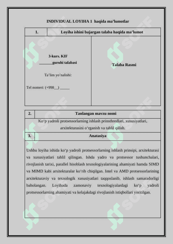 Ko'p yadroli protsessorlarning ishlash pronsipi, xususiyatlari, arxitekturasini o'rganish va tahlil qilish. Individual loyiha ishi. 2