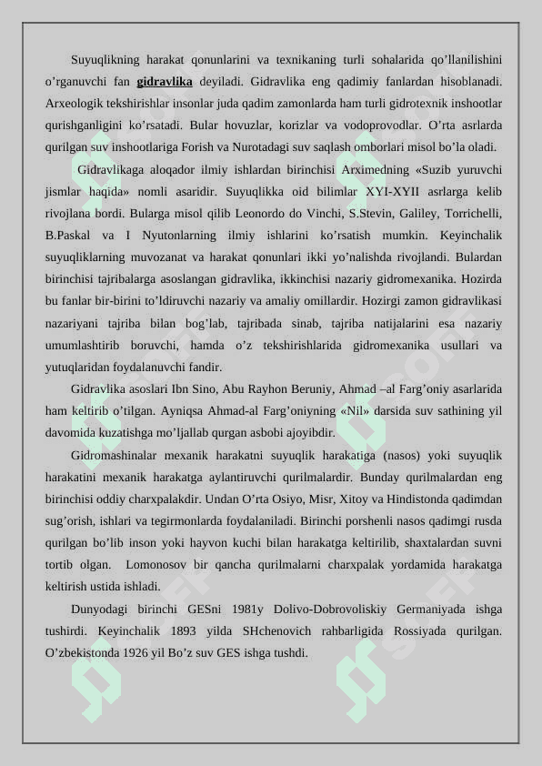 Gidravlikaning rivojlanish tarixi amaliy ahamiyati 2