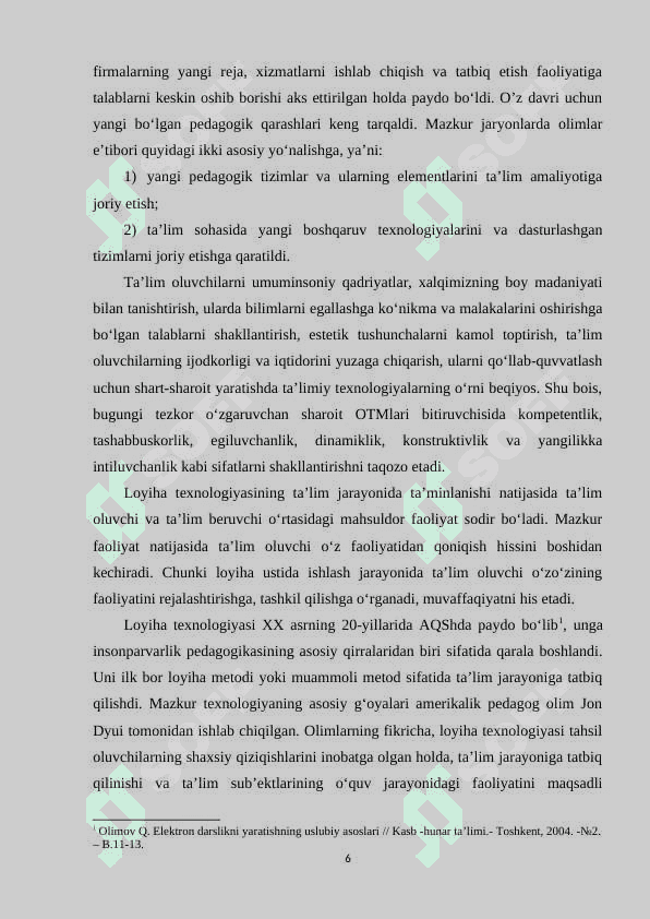 O‘QUV LOYIHA. O‘QUV LOYIHAVIY FAOLIYAT 6