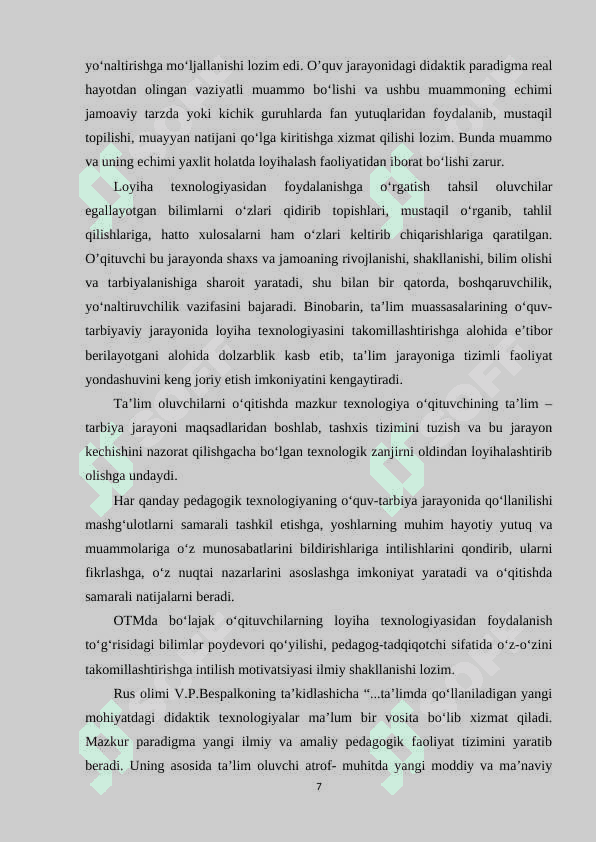 O‘QUV LOYIHA. O‘QUV LOYIHAVIY FAOLIYAT 7