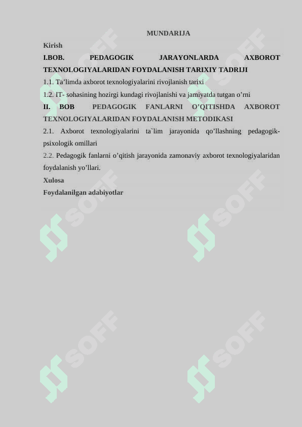 PEDAGOGIK FANLARNI O’QITISHDA AXBOROT TEXNOLOGIYALARIDAN FOYDALANISH kurs ishi 2
