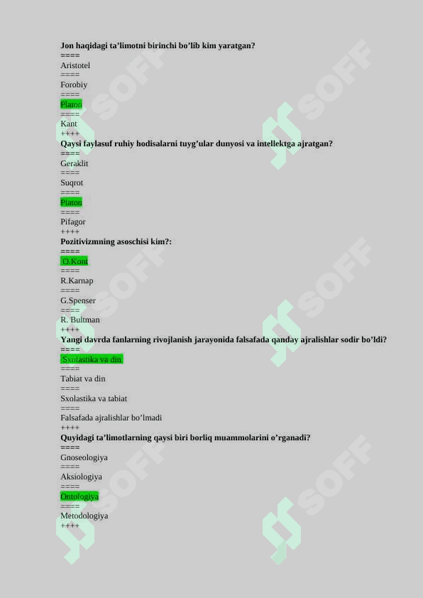 Falsafa yakuniy javoblari bilan testlar 6