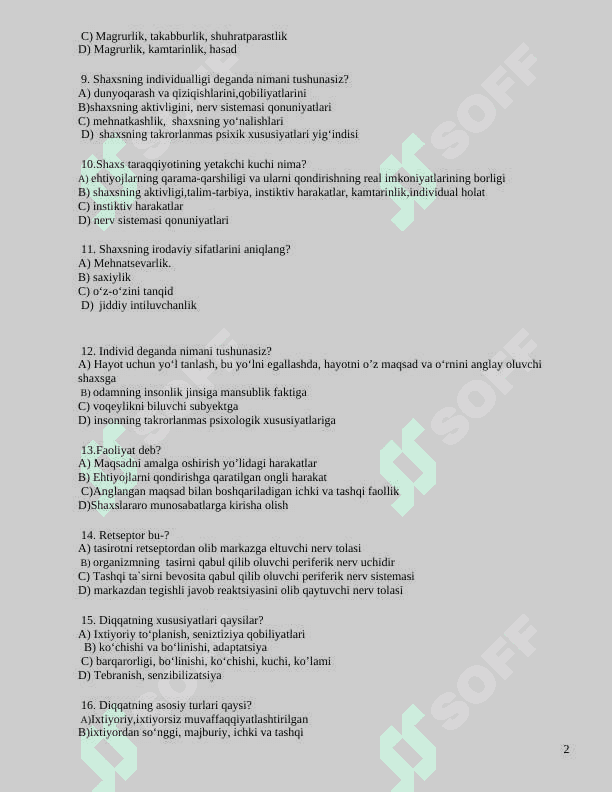 Umumiy psixologiyadan tushgan test 2