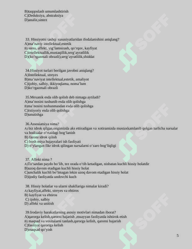 Umumiy psixologiyadan tushgan test 5