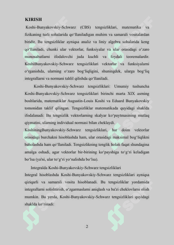 ANIQ INTEGRALLAR UCHUN KOSHI-BUNYAKOVSKIY TENGSIZLIGI 2