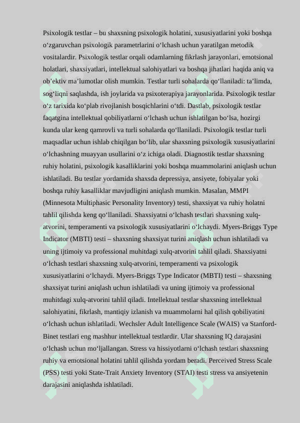 Psixologik testlar va ularning imkoniyatlari. 2