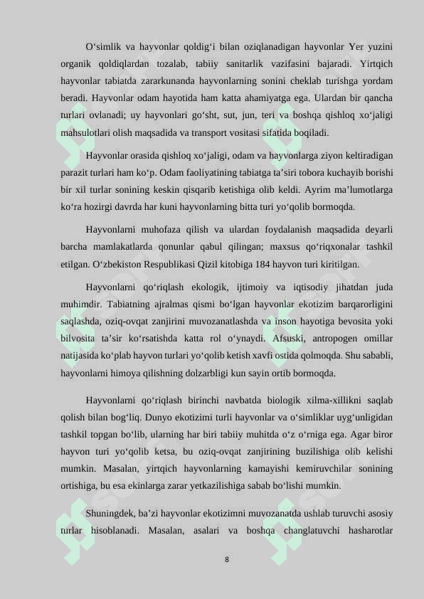 Hayvonlarni qo'riqlashni o'rganish metodikasi 8