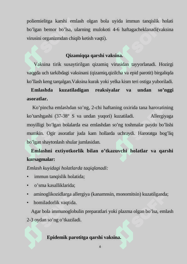 Postvaksinal reaksiyalar va asoratlar. Ota-onalarga ma’lumot berish va birlamchi tibbiy yordam ko’rsatish. (JSST tavsiyalari). 6