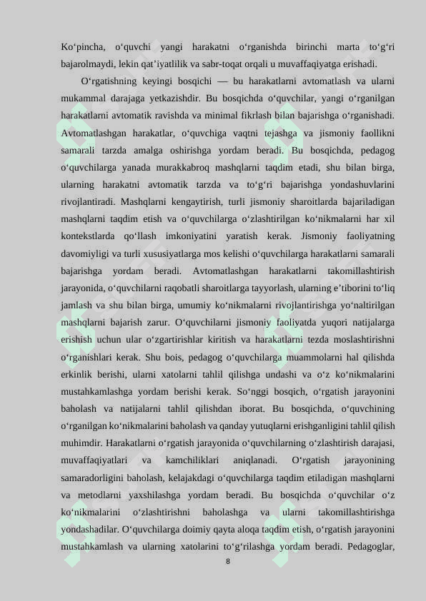 Harakatlarga oʻrgatish bosqichlari. 8