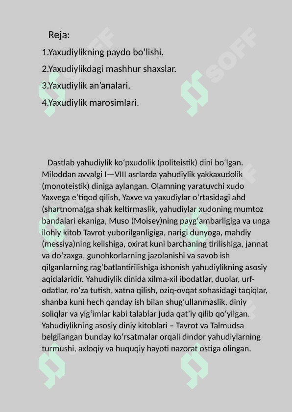 Mavzu:Yaxudiylik ta’limoti va an’anaviy marosimlari 2