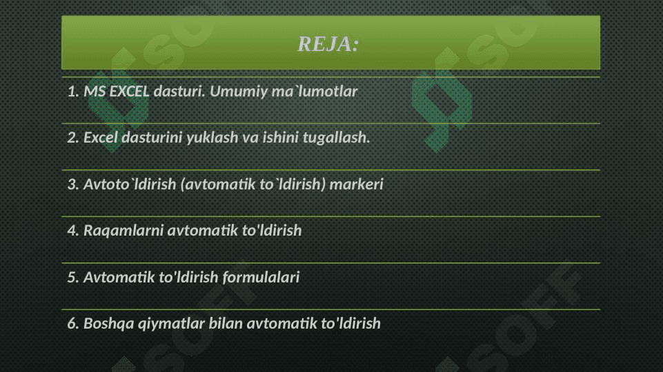 Exsel dasturida avto to'ldirishlar va avto hisoblashlar 2