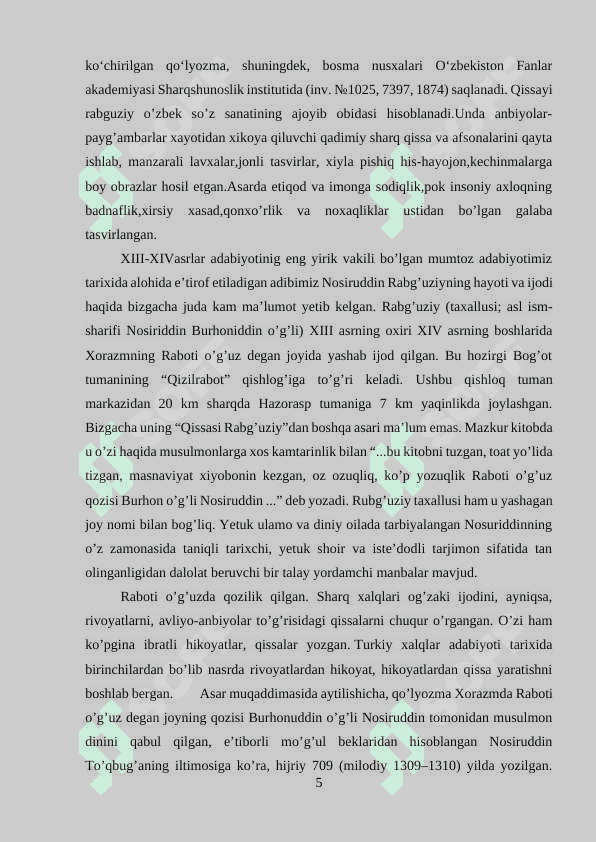 “QISASI RABG’UZIY”DAGI HIKOYATLARINING G’OYAVIY-BADIIY XUSUSIYATLARI 5