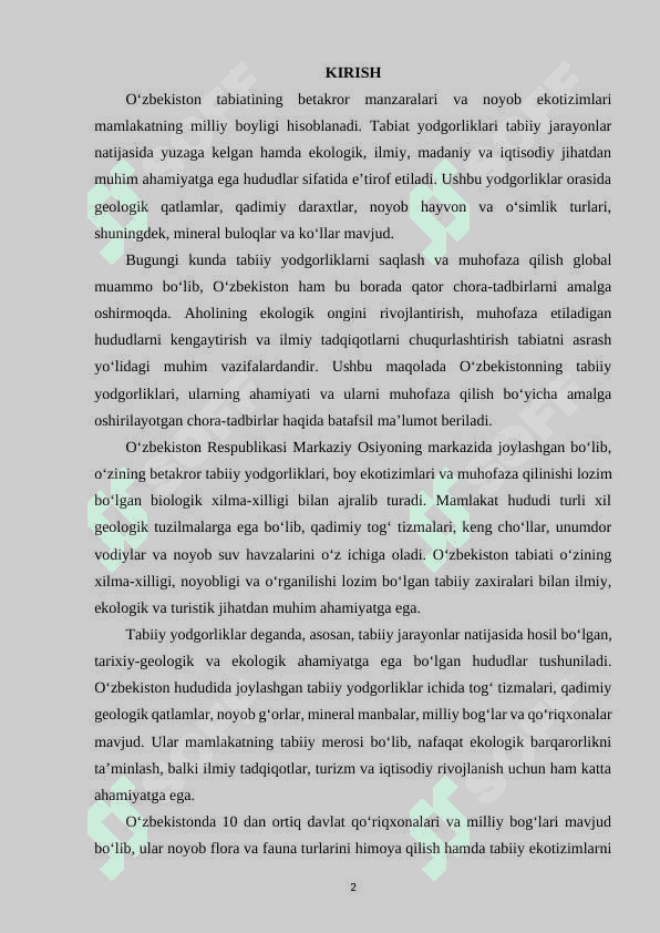 OʻZBEKISTON TABIAT YODGORLIKLARI VA ULARNI MUHOFAZA QILISH 2