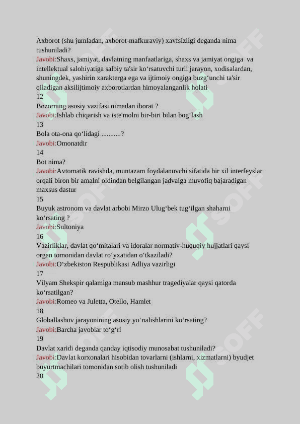 Agos davlat xizmatchisi testi 2025 1000 ta savol va javoblari bilan 2