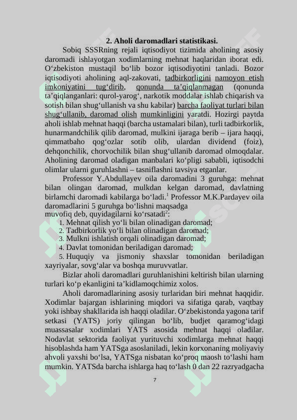 Aholining turmush darajasi holati va yashash darajasi 7