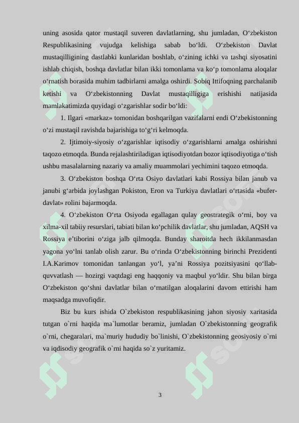 “O`ZBEKISTONNING DUNYO SIYOSIY XARITASIDA TUTGAN O`RNI” 3
