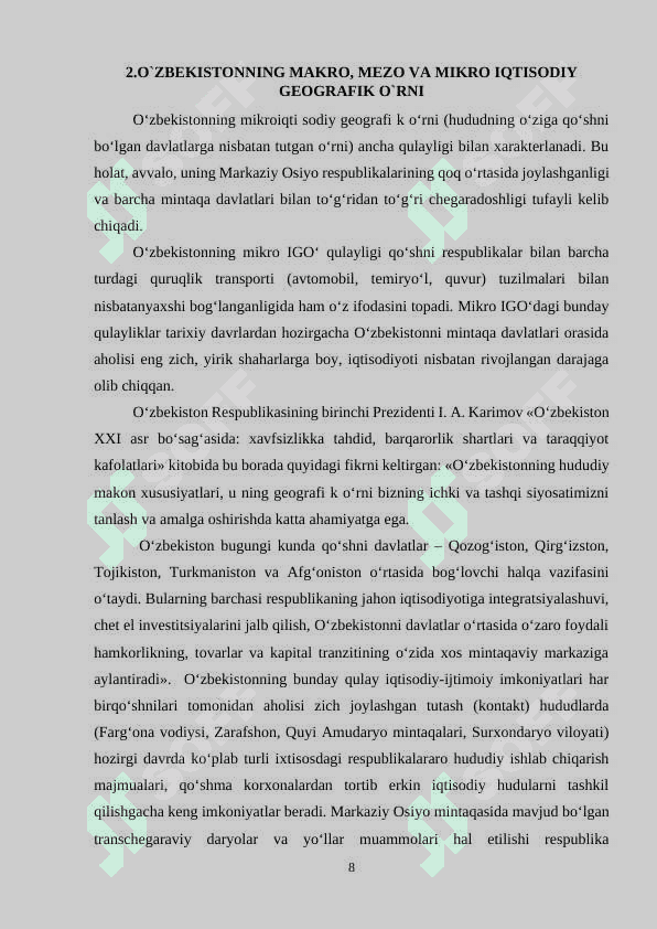“O`ZBEKISTONNING DUNYO SIYOSIY XARITASIDA TUTGAN O`RNI” 8
