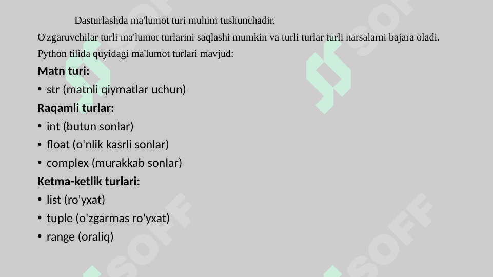 Pythonda ma'lumot turlari. Satrlar bilan ishlash. 2