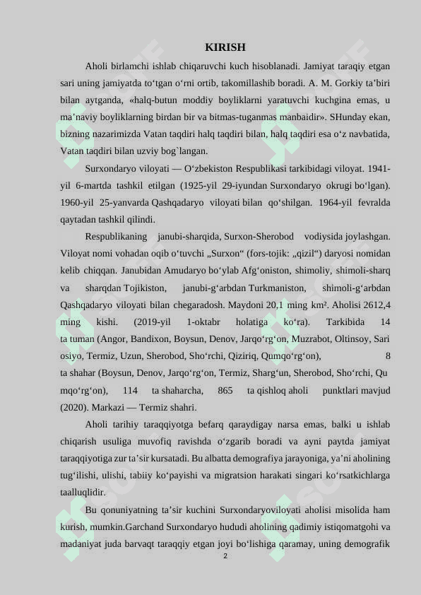 “SURXONDARYO VILOYATI AHOLISI VA MEHNAT RESURSLARI” 2