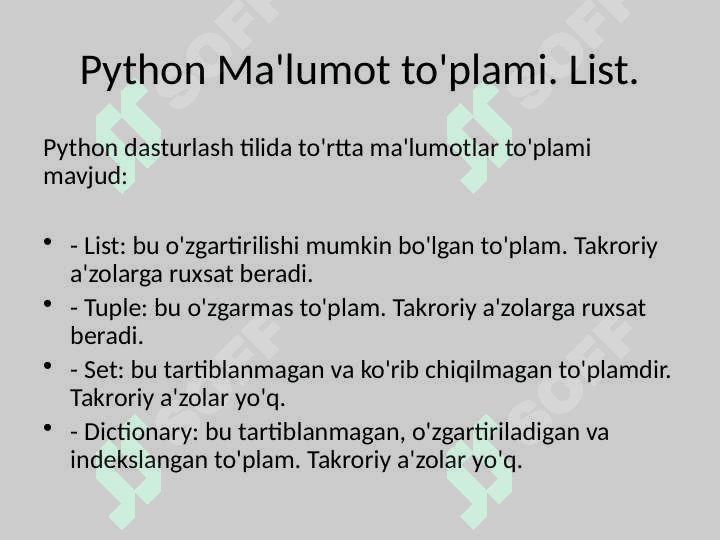 Ma'lumot turlari va to'plamlari.List(Ro'yxat) va Tuple(Kortejlar) 2