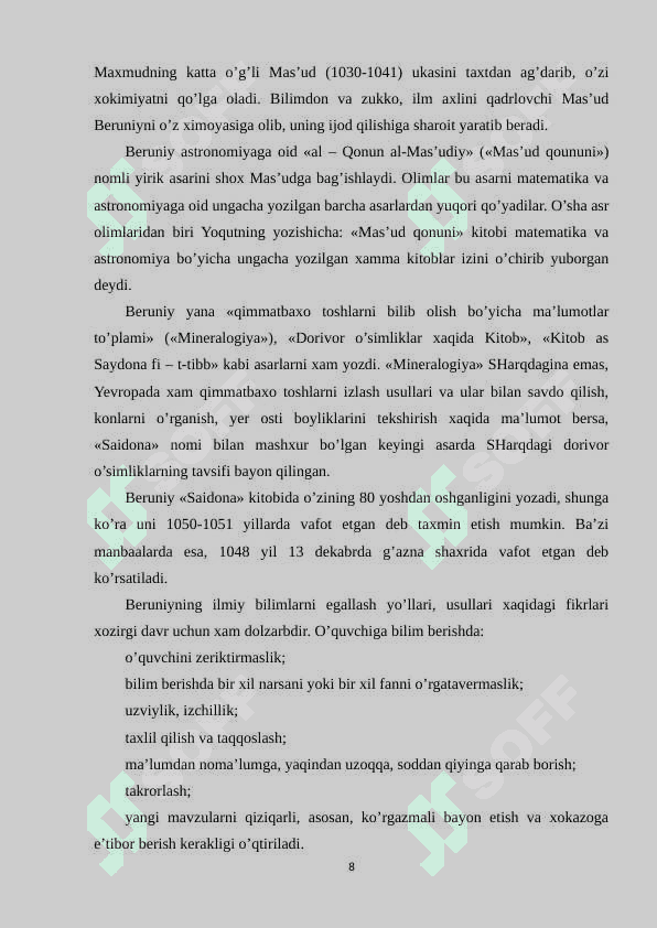 Beruniyning moddiy va ma’naviy olam yaxlitligi to’g’risidagi qarashlari 8