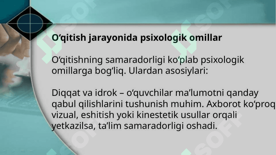 Psixologik o’qitishning psixologik jabhalari 4