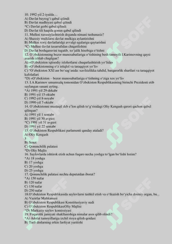 O'zbekistonning eng yangi tarixi fanidan test Pedagogika 2