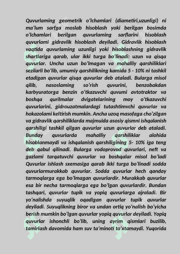 Qisqa va uzun oddiy quvurlarni suyuqlikning naporli barqaror harakati uchun hisoblash 2