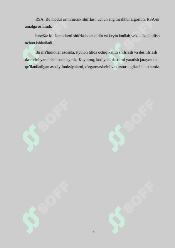Python dasturlash tilida ochiq kalitli shifrlash va deshifrlash usullarini qo’llash dasturini yaratish 4