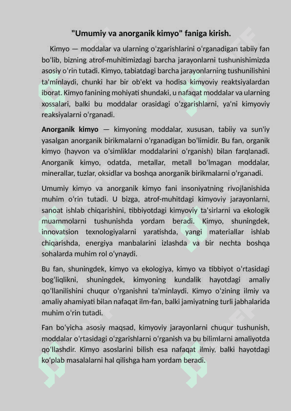 “Umumiy va anorganik kimyo” faniga  kirish. 2