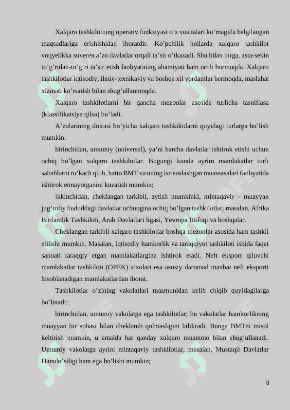 Xalqaro tashkilotlarning asosiy funksiyalari 8