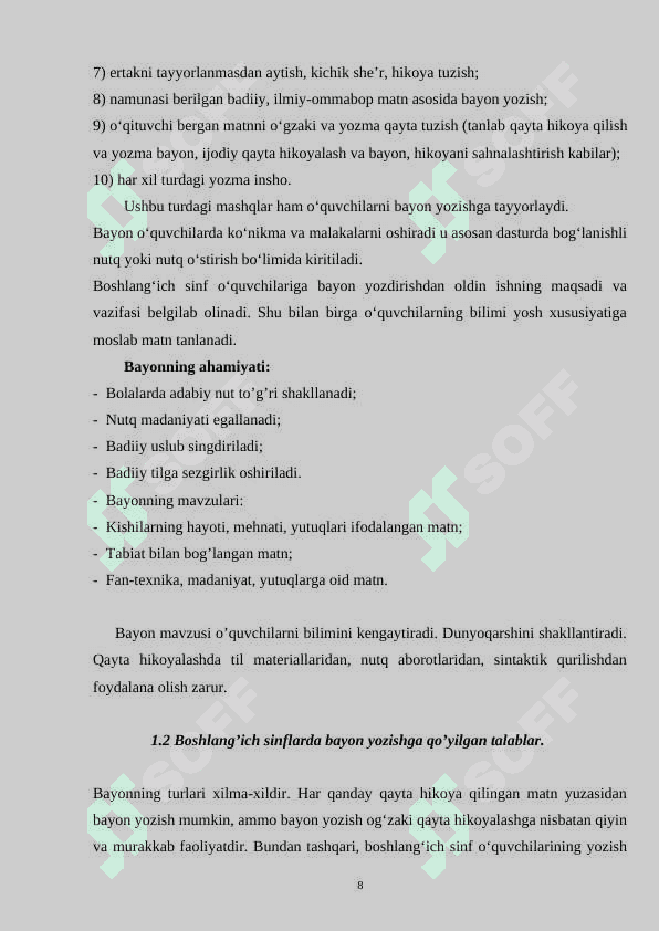 BOSHLANG’ICH SINFLARDA BAYON YOZISHGA O’RGATISH 8