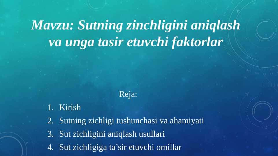 Sutning zinchligini aniqlash va unga tasir etuvchi faktorlar